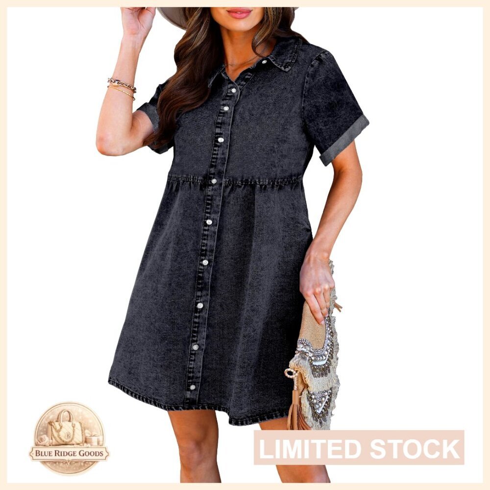 Casual Denim Babydoll Dress Button Down Tiered Shift Relaxed Fit